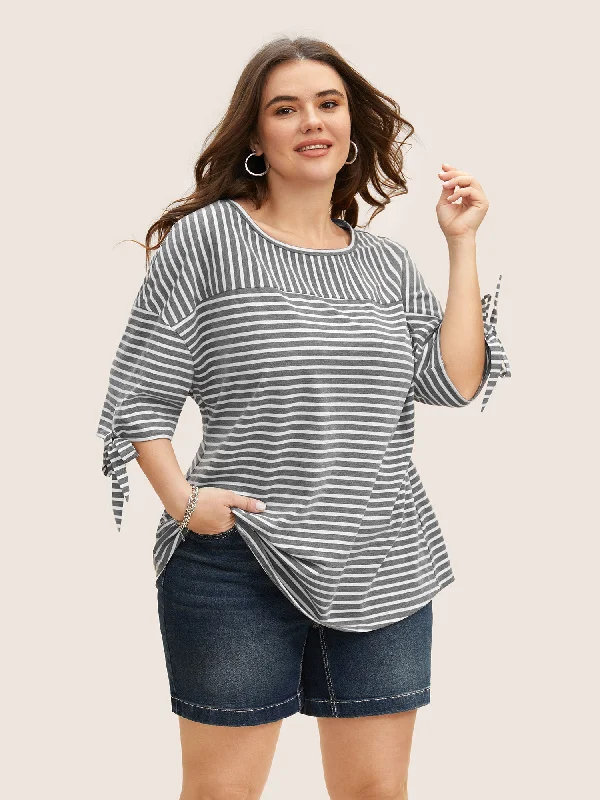 Striped Boat Neck Tie Knot T-shirt