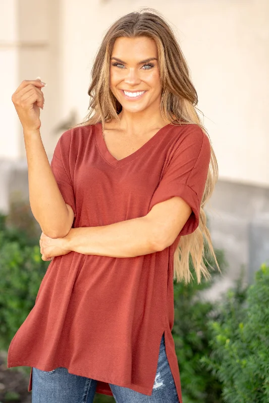 Super Soft Tee High Low Hem V Neck Top - Dark Rust