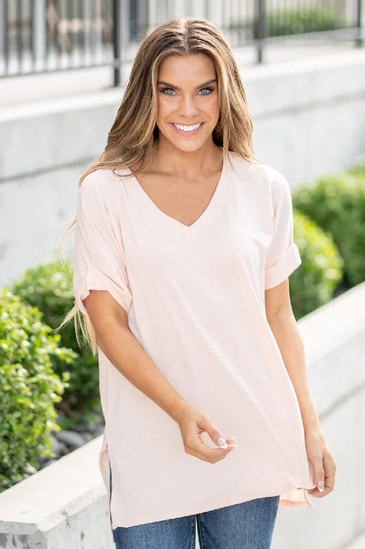 Super Soft Tee High Low Hem V Neck Top - Light Peach