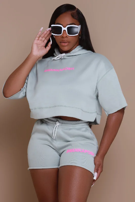 Swankaposh Logo Cropped Short Sleeve Hoodie - Light Jade/Pink