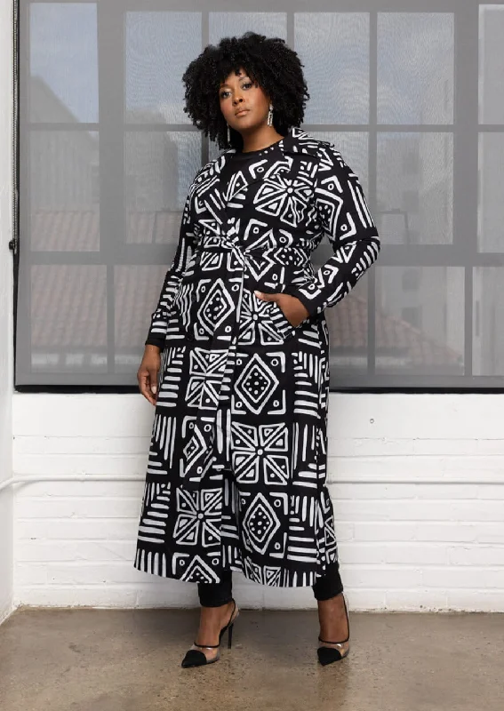 Taraji Women's African Print Maxi Trench Coat (Grayscale Tribal)