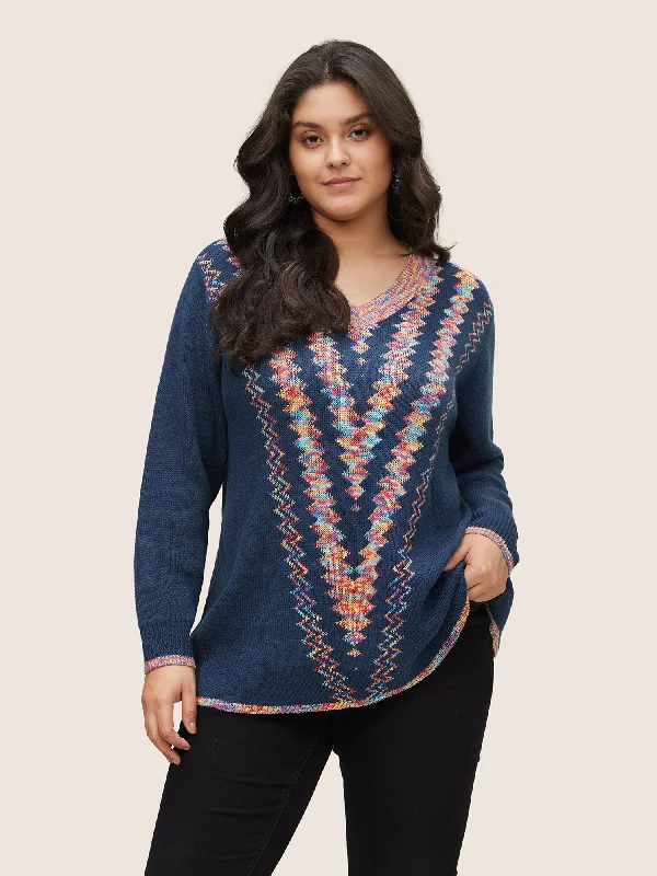 V Neck Colour Heather Geometric Pullover