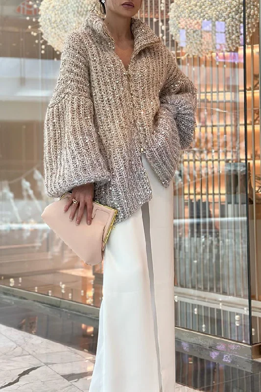 warm-shining-heart-knit-sequin-balloon-sleeve-zipper-neck-loose-cardigan