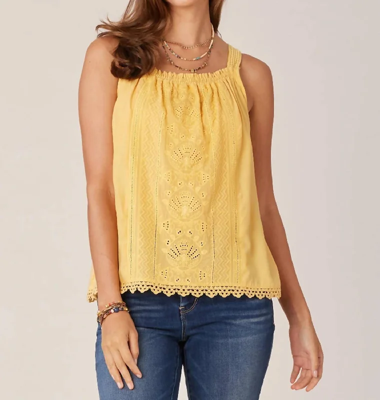 Wide Strap Ruched Square Neck Tank Top In Golden Sun